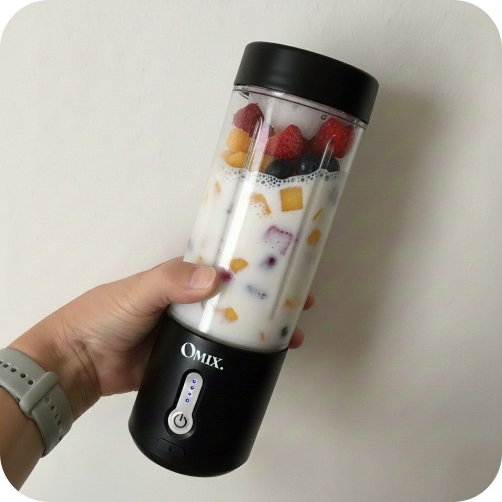 Batidora portátil Omix con batido de leche y frutas frescas
